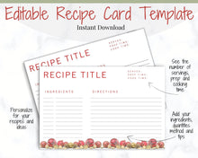 Load image into Gallery viewer, CHRISTMAS Recipe Card template, EDITABLE Recipe Template, Recipe Cards Printable, 4x6, Insert, Minimal, Sheet, Recipe Box, Xmas, Book | Red
