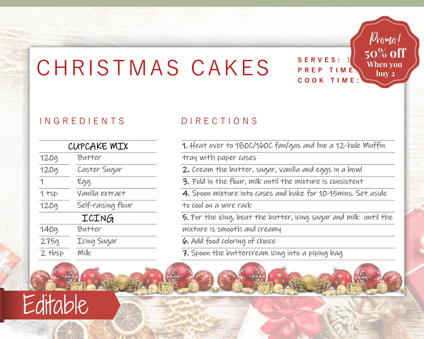 CHRISTMAS Recipe Card template, EDITABLE Recipe Template, Recipe Cards Printable, 4x6, Insert, Minimal, Sheet, Recipe Box, Xmas, Book | Red