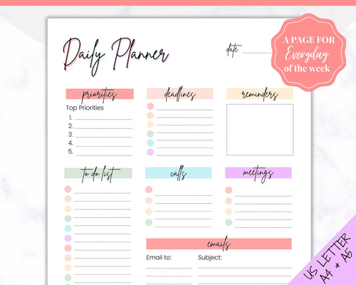 COLORFUL DAILY PLANNER Printable | To Do List Printable | Productivity Day Planner | Work Day Diary Insert | Template | Organize | Pastel Rainbow