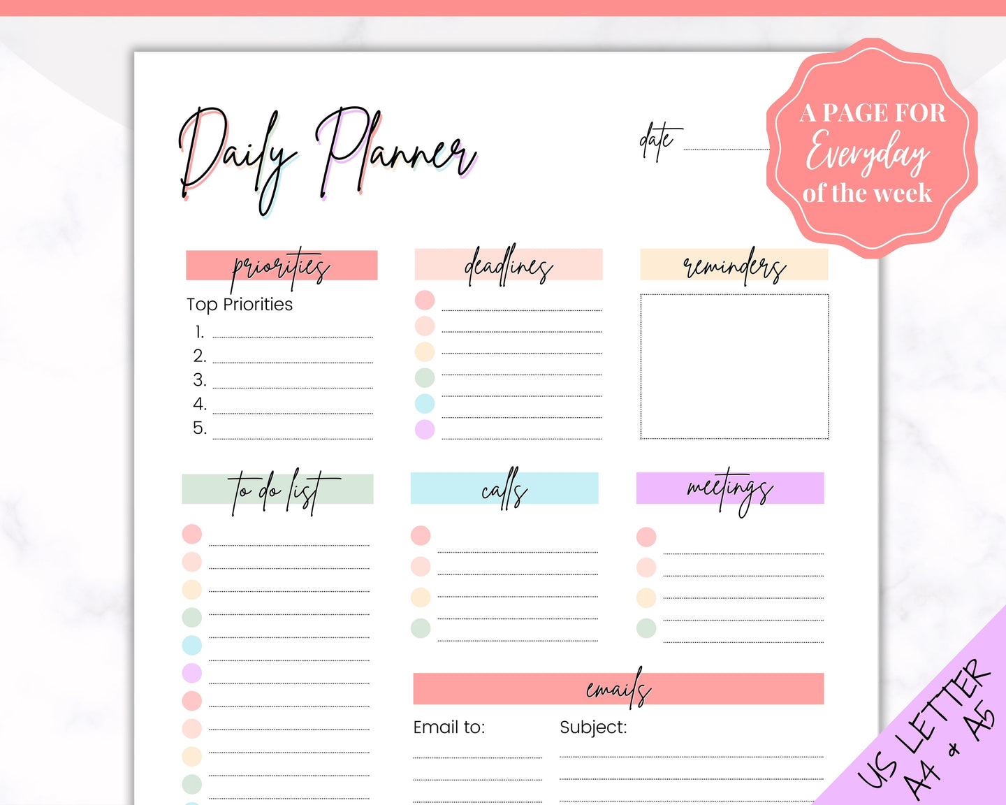 COLORFUL DAILY PLANNER Printable | To Do List Printable | Productivity Day Planner | Work Day Diary Insert | Template | Organize | Pastel Rainbow