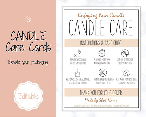 Candle Care Card, EDITABLE Candle Care Guide, Candle Safety Instructions, Candle Packaging & Labels, Thank you card, Insert, Candle Maker | Brown Large