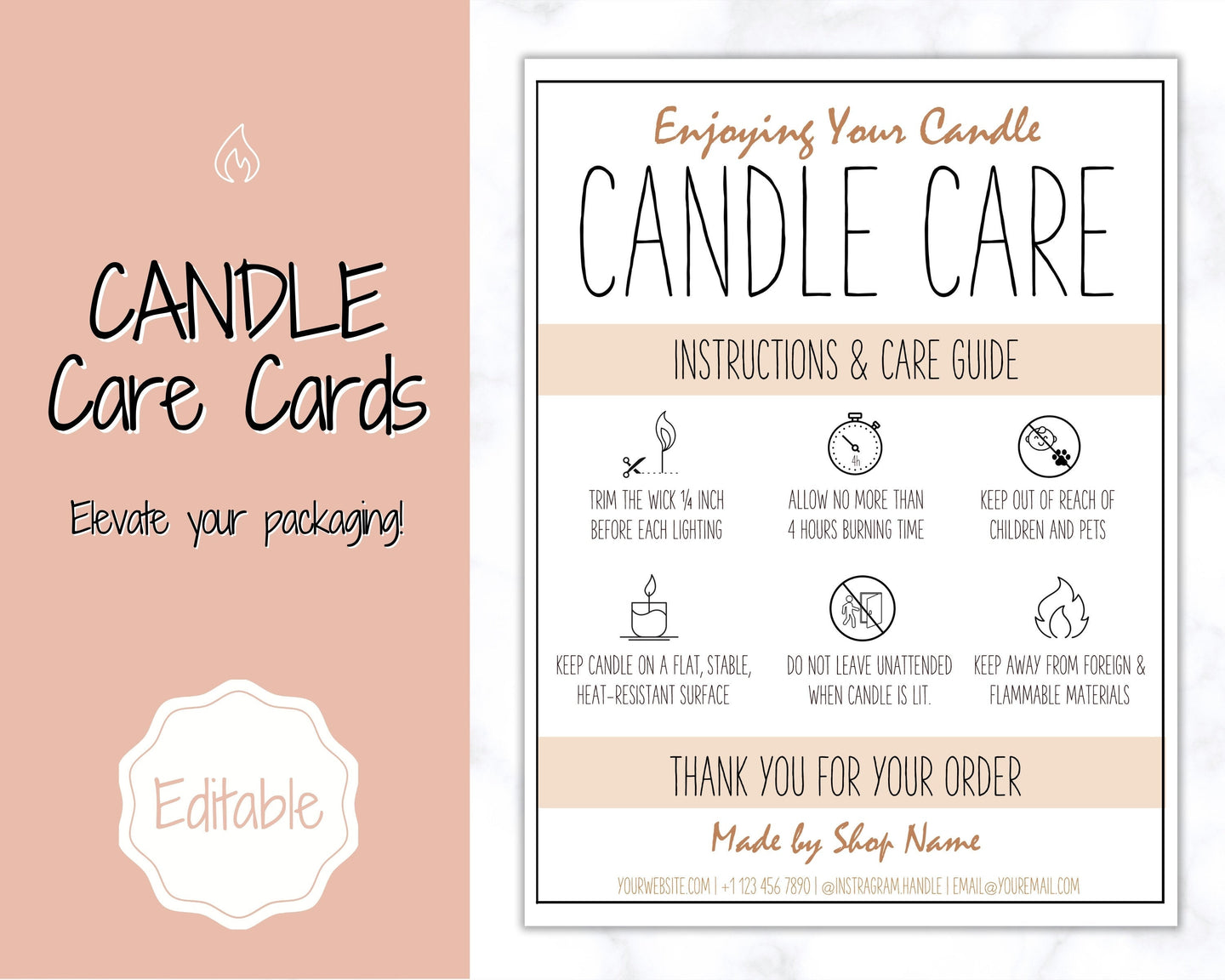 Candle Care Card, EDITABLE Candle Care Guide, Candle Safety Instructions, Candle Packaging & Labels, Thank you card, Insert, Candle Maker | Brown Large