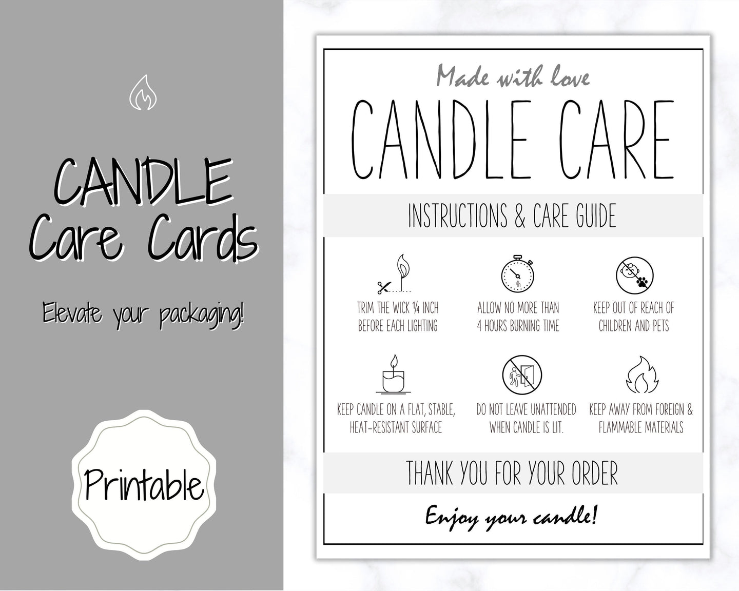Candle Care Card Printable, Candle Care Guide, Candle Safety Instructions, Candle Packaging & Labels, Thank you card, Insert, Candle Maker | Mono Large