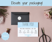 Load image into Gallery viewer, Candle Thank You Card Bundle, EDITABLE Care Card Guide, Safety Instructions, Packaging &amp; Labels, Business Thank you for your order Insert
