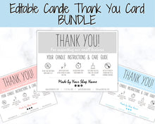 Load image into Gallery viewer, Candle Thank You Card Bundle, EDITABLE Care Card Guide, Safety Instructions, Packaging &amp; Labels, Business Thank you for your order Insert
