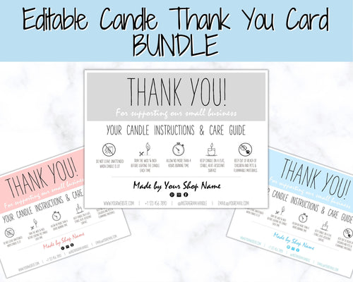 Candle Thank You Card Bundle, EDITABLE Care Card Guide, Safety Instructions, Packaging & Labels, Business Thank you for your order Insert