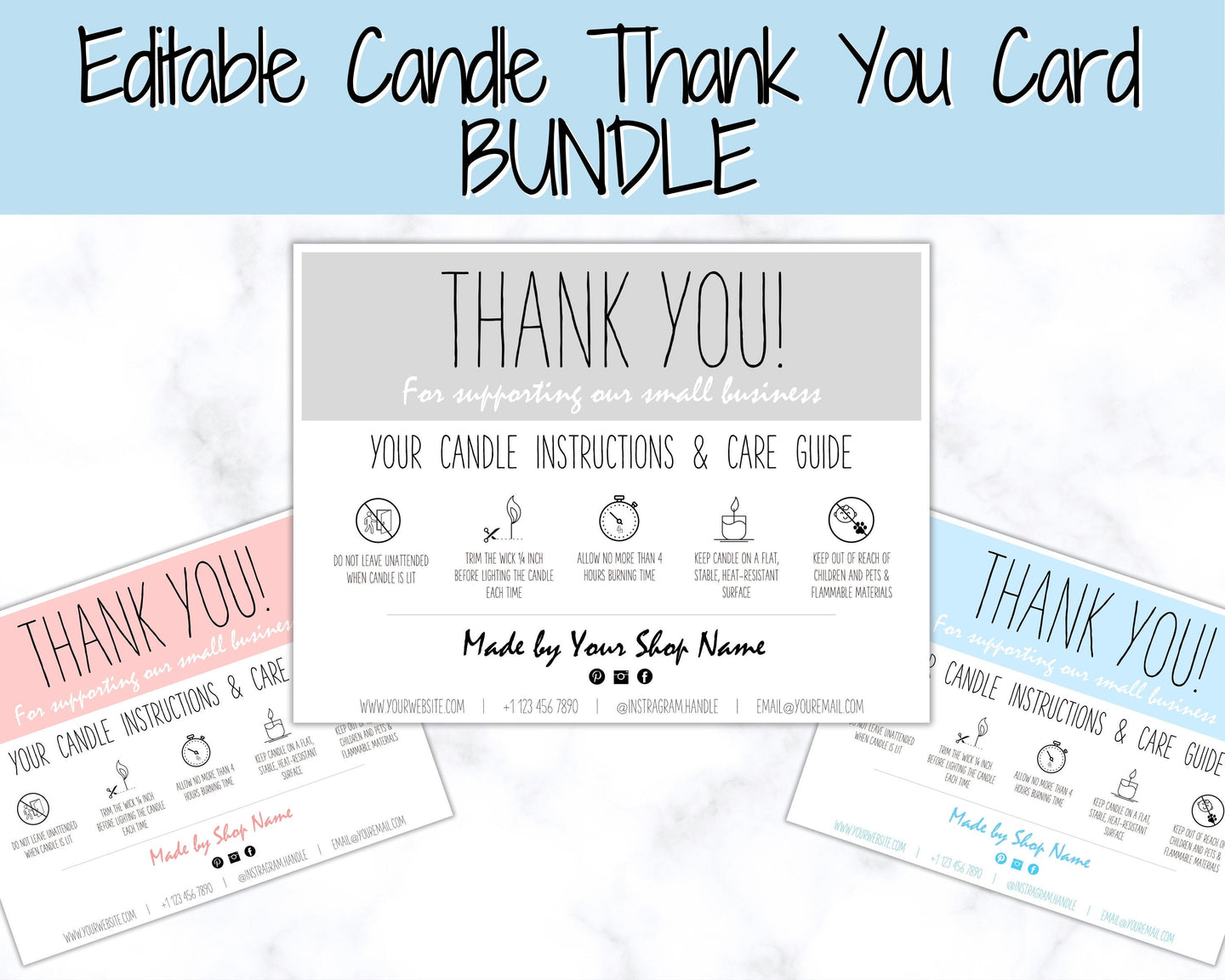 Candle Thank You Card Bundle, EDITABLE Care Card Guide, Safety Instructions, Packaging & Labels, Business Thank you for your order Insert