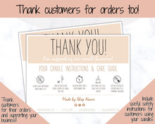 Load image into Gallery viewer, Candle Thank You Card, EDITABLE Care Card, Care Guide, Safety Instructions, Packaging &amp; Labels, Business Thank you for your order Insert | Brown
