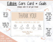 Load image into Gallery viewer, Candle Thank You Card, EDITABLE Care Card, Care Guide, Safety Instructions, Packaging &amp; Labels, Business Thank you for your order Insert | Brown
