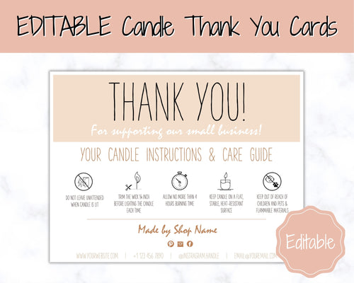 Candle Thank You Card, EDITABLE Care Card, Care Guide, Safety Instructions, Packaging & Labels, Business Thank you for your order Insert | Brown