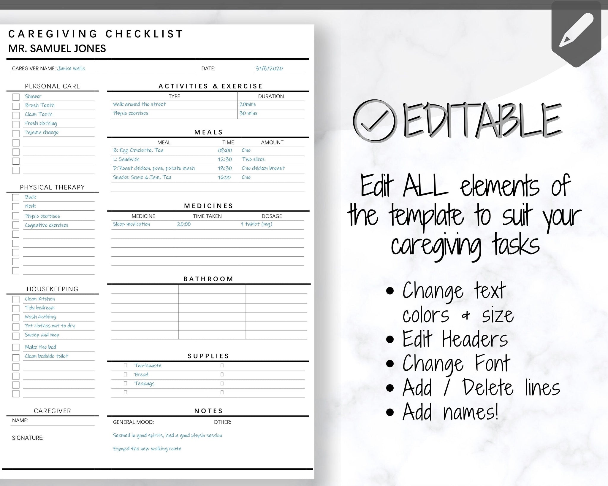 Caregiving Elderly Care Checklist | Caregiver Printable Planners