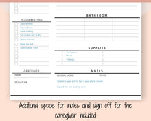 Load image into Gallery viewer, Caregiving Elderly Care Checklist. EDITABLE Printable is ideal for Caregivers. Daily cleaning, Daily Tasks, Housekeeping, Care log Template
