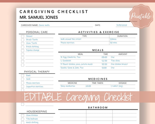 Caregiving Elderly Care Checklist. EDITABLE Printable is ideal for Caregivers. Daily cleaning, Daily Tasks, Housekeeping, Care log Template