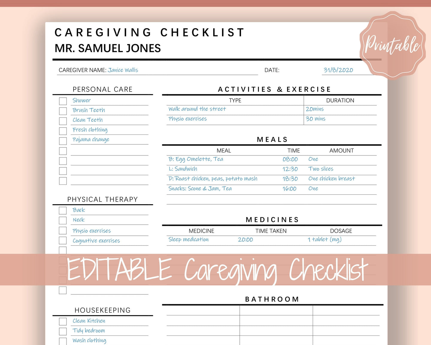 Caregiving Elderly Care Checklist. EDITABLE Printable is ideal for Caregivers. Daily cleaning, Daily Tasks, Housekeeping, Care log Template