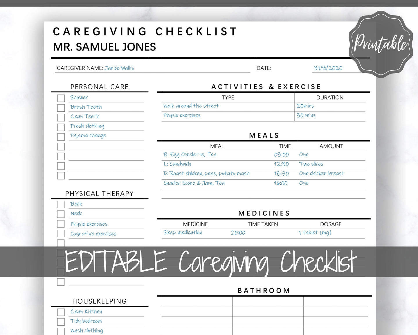 Caregiving Elderly Care Checklist. EDITABLE Printable is ideal for Caregivers. Daily cleaning, Daily Tasks, Housekeeping, Care log Template