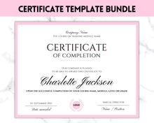Load image into Gallery viewer, Certificate Template, Editable Certificate of Completion, Achievement, Award, Recognition, Hair, Massage, Lashes Course, Training, BUNDLE | Landscape
