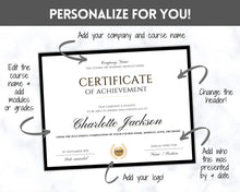 Load image into Gallery viewer, Certificate Template, Editable Certificate of Completion, Achievement, Award, Recognition, Hair, Massage, Lashes Course, Training, BUNDLE | Landscape
