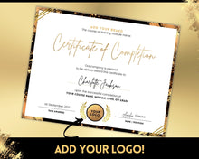 Load image into Gallery viewer, Certificate Template, Editable Certificate of Completion, Achievement, Award, Recognition, Hair, Massage, Lashes Course, Training | Gold
