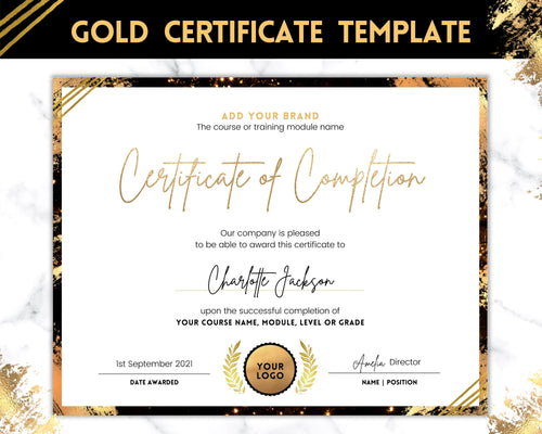 Certificate Template, Editable Certificate of Completion, Achievement, Award, Recognition, Hair, Massage, Lashes Course, Training | Gold