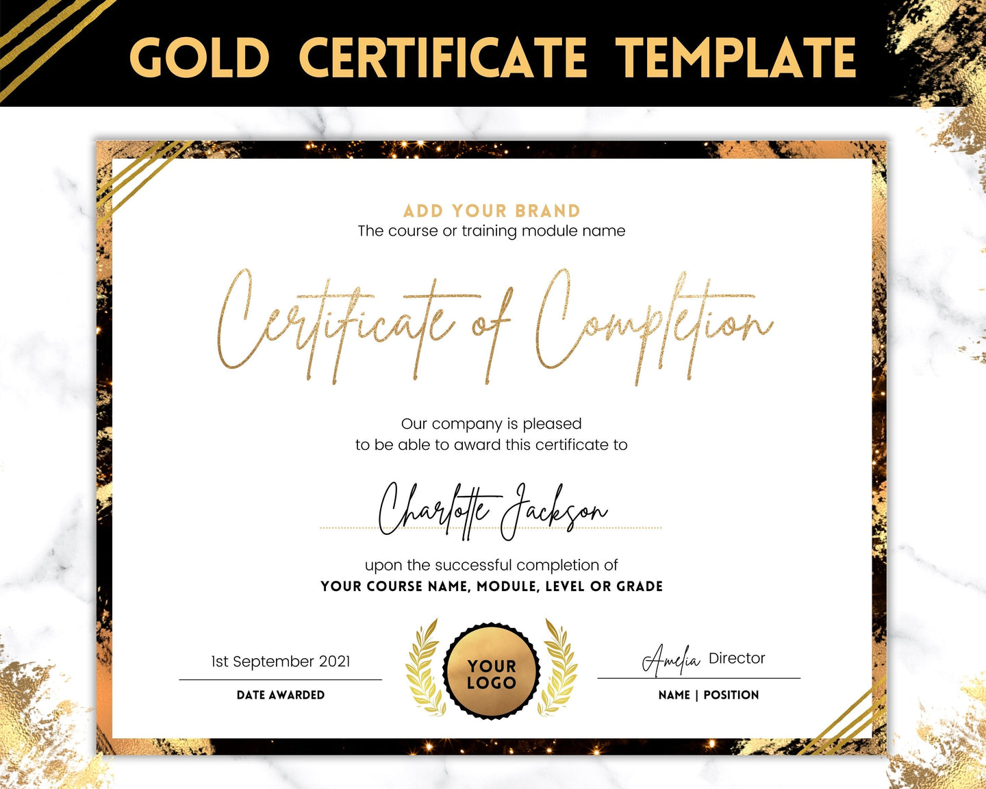 Certificate Template, Editable Certificate of Completion, Achievement, Award, Recognition, Hair, Massage, Lashes Course, Training | Gold