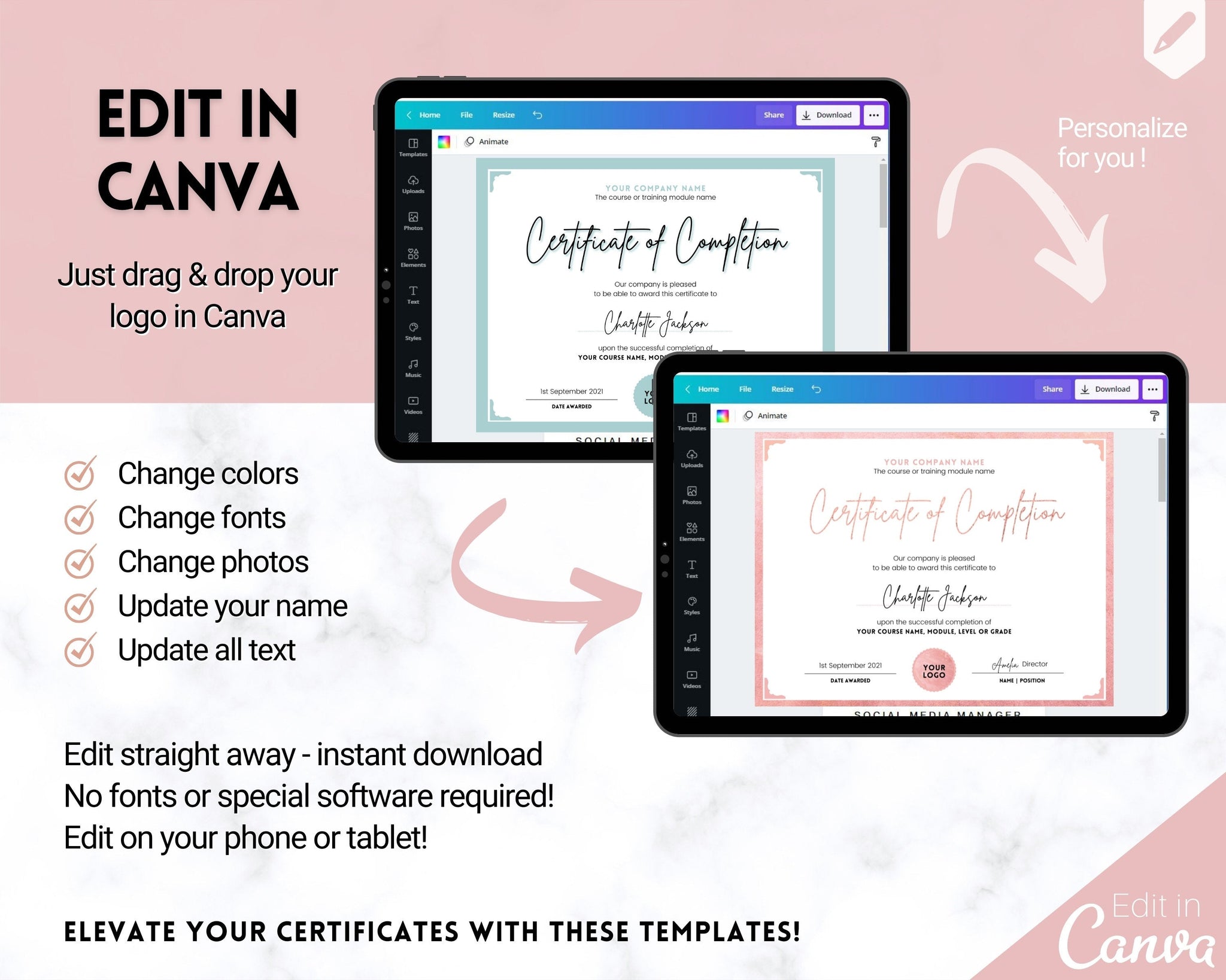 Rose Gold Certificate of Completion Editable Template