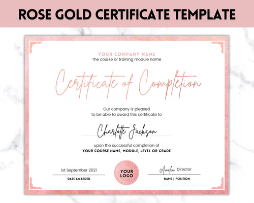 Certificate Template, Editable Certificate of Completion, Achievement, Award, Recognition, Hair, Massage, Lashes Course, Training | Rose Gold