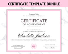 Load image into Gallery viewer, Certificate of Achievement Template, Editable Certificate of Completion BUNDLE, Award Recognition, Hair, Massage, Lashes Course, Training | Landscape
