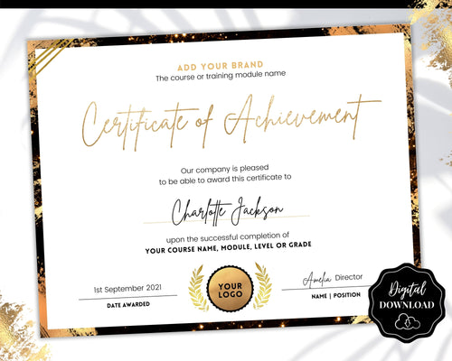 Certificate of Achievement Template, Editable GOLD Certificate of Completion, Award Recognition, Hair, Massage, Lashes Course, Training | Gold