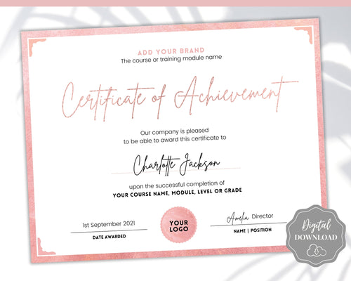 Certificate of Achievement Template, Editable Rose Gold Certificate of Completion, Award Recognition, Hair, Massage, Lashes Course, Training | Rose Gold