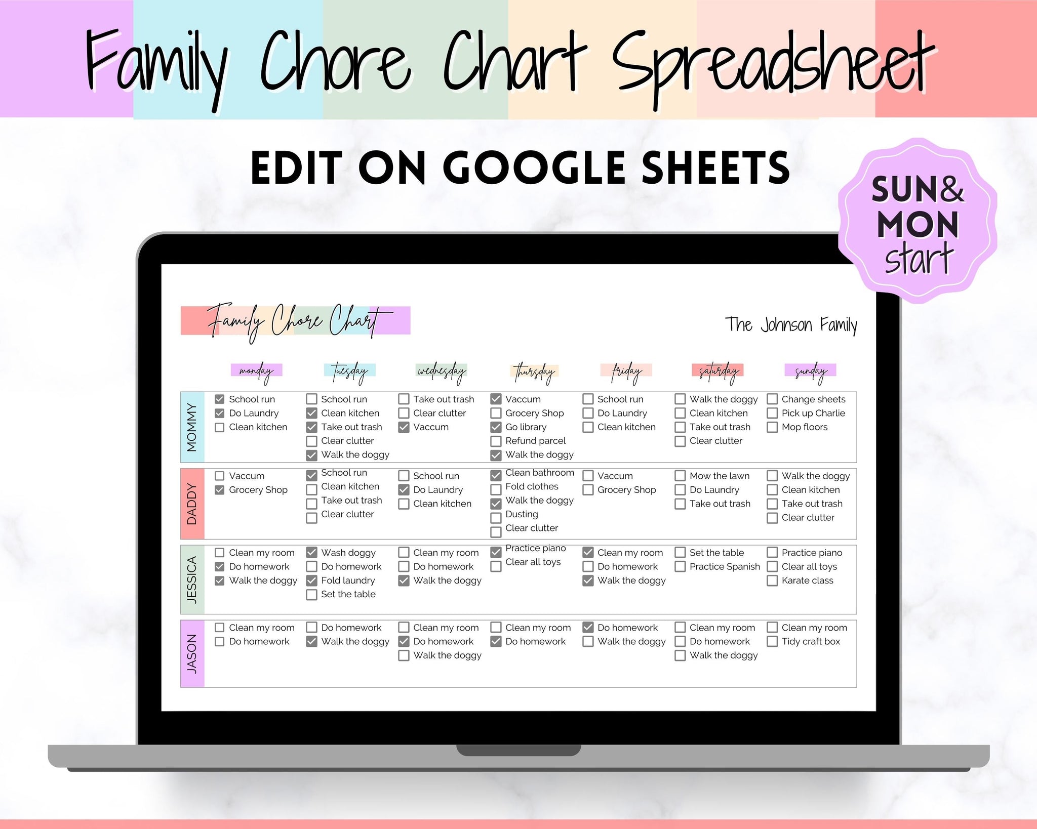 Colorful Family Chore Chart Spreadsheet | Editable Planner Printable