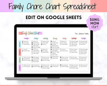 Load image into Gallery viewer, Chore Chart SPREADSHEET, Editable Family Planner Printable, Colorful Weekly Family Schedule, Calendar, Command Center, Household Kid Adult
