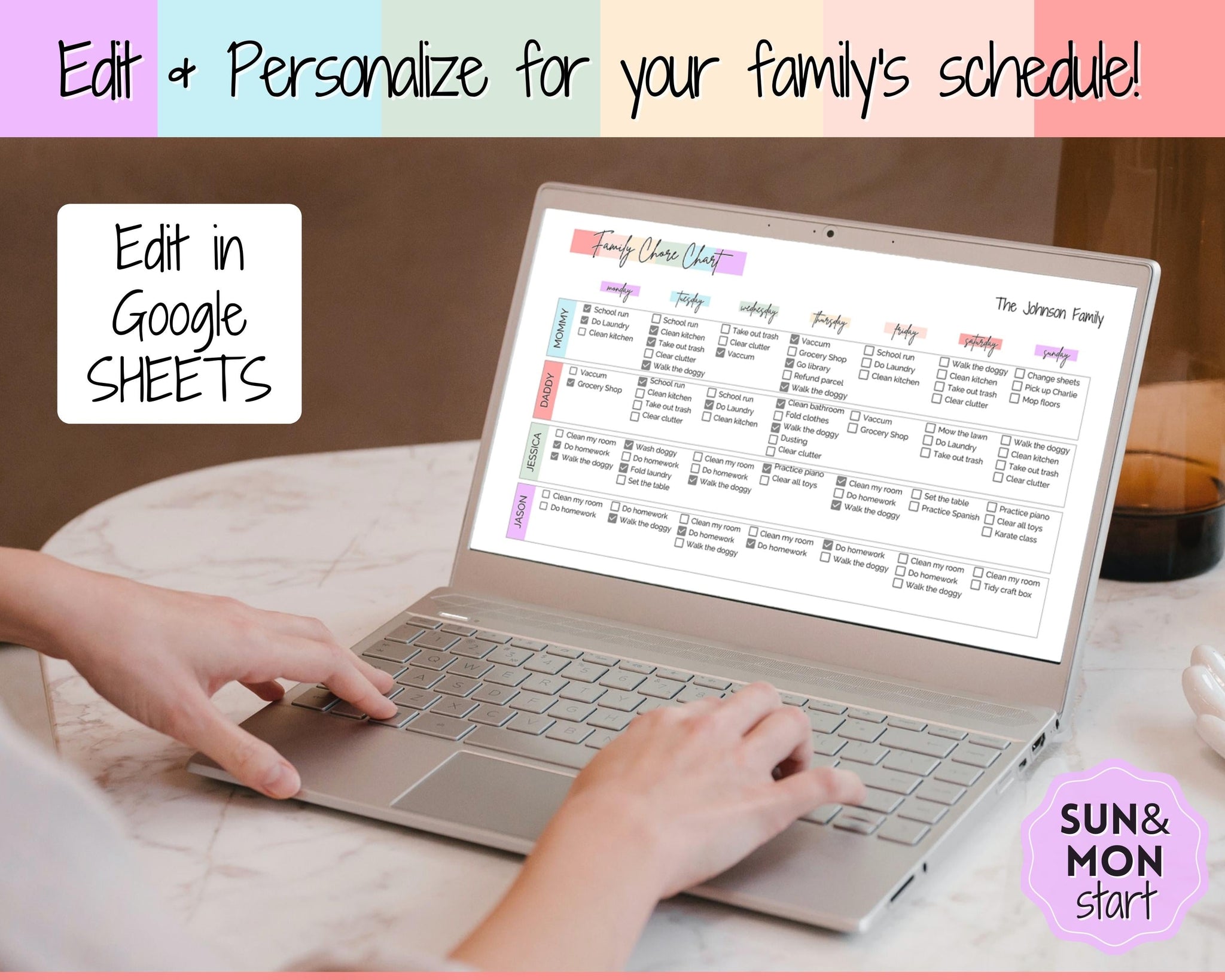 Colorful Family Chore Chart Spreadsheet | Editable Planner Printable