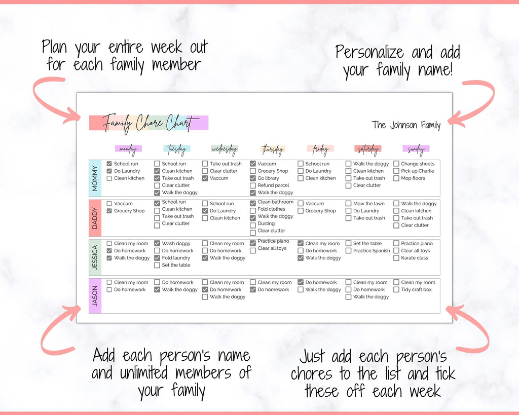 Colorful Family Chore Chart Spreadsheet | Editable Planner Printable
