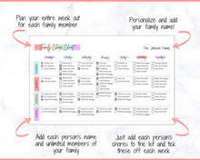 Load image into Gallery viewer, Chore Chart SPREADSHEET, Editable Family Planner Printable, Colorful Weekly Family Schedule, Calendar, Command Center, Household Kid Adult
