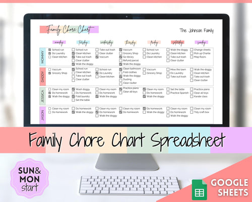 Chore Chart SPREADSHEET, Editable Family Planner Printable, Colorful Weekly Family Schedule, Calendar, Command Center, Household Kid Adult