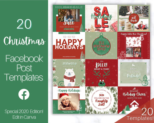 Christmas Facebook Post Templates. Happy Holiday Canva Template Pack. Festive Editable Social Media Posts. Seasonal business 2020, Red Green