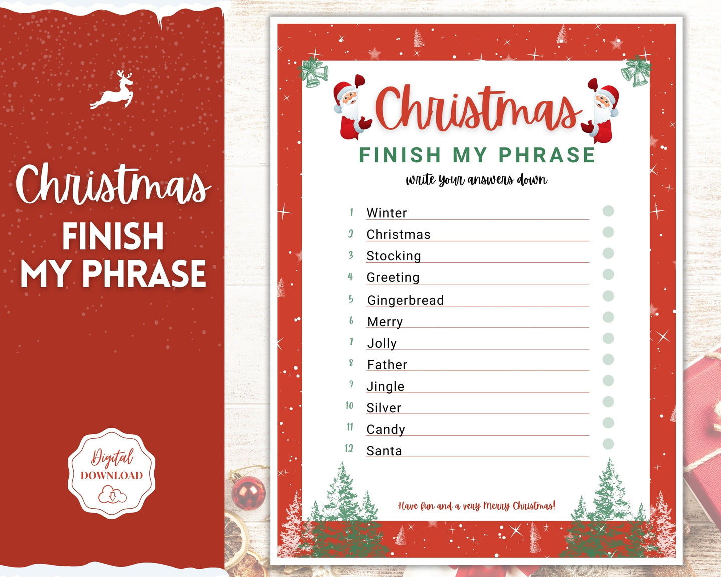 Christmas Finish my Phrase Game! Holiday Game Printables, Xmas Party Game, Fun Family Activity Set, Virtual, Kids Adults, Office Party, Quiz