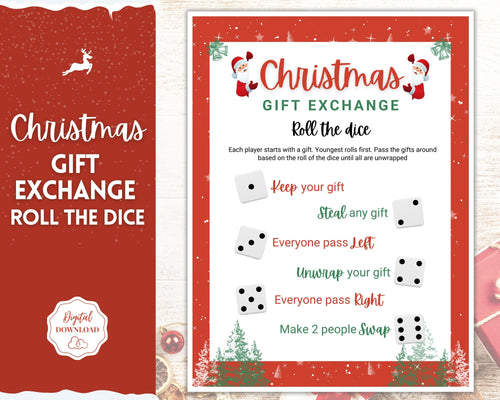 Christmas Roll the dice Game! Holiday Gift Exchange Printable, Xmas Party Game, Fun Family Activity Set, Virtual, Kids Adults, Office, Quiz