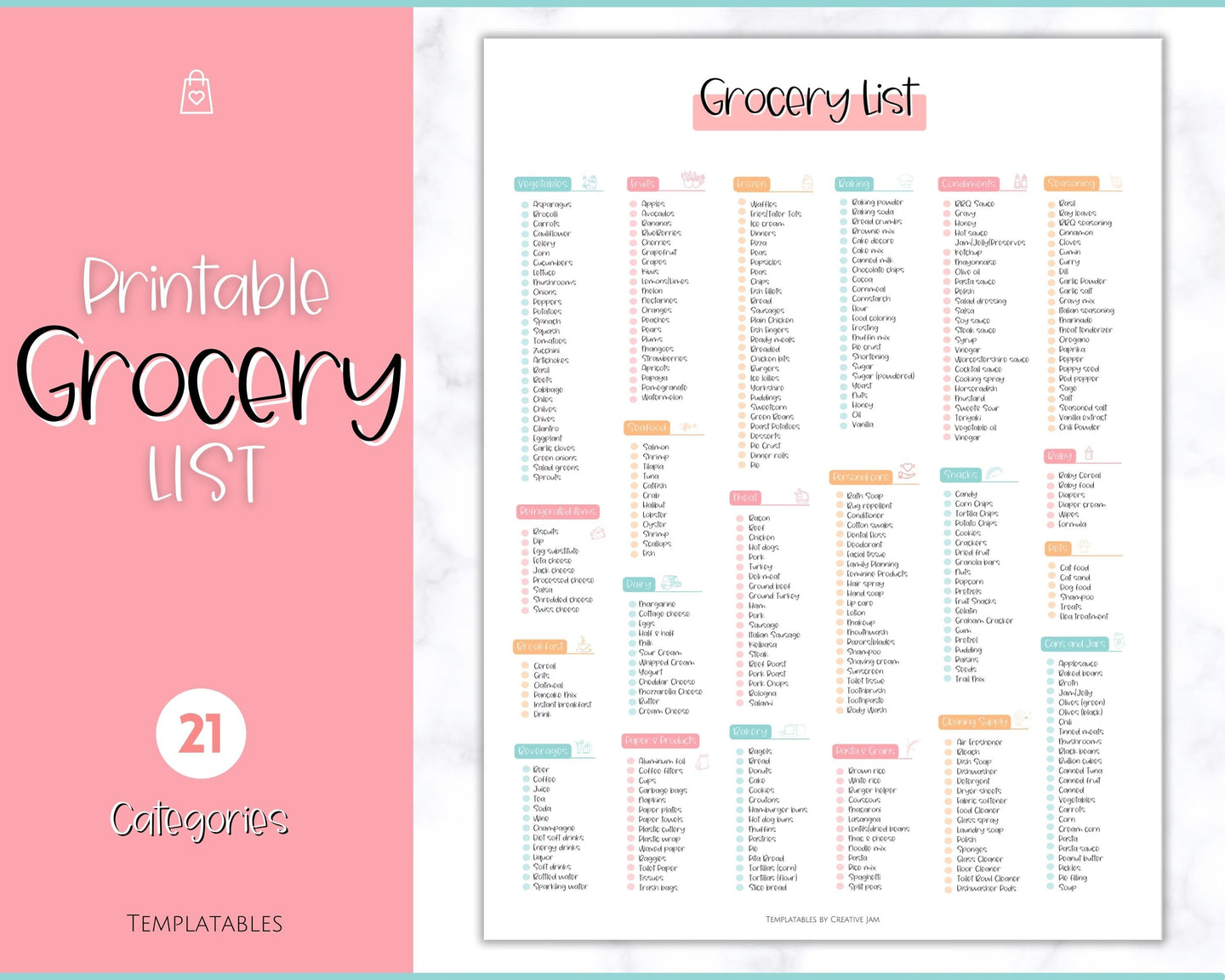 Colorful Grocery List, Master Grocery List Printable, Weekly Shopping List, Meal Planner Checklist, Grocery PDF, Kitchen Organization Template | Colorful Sky