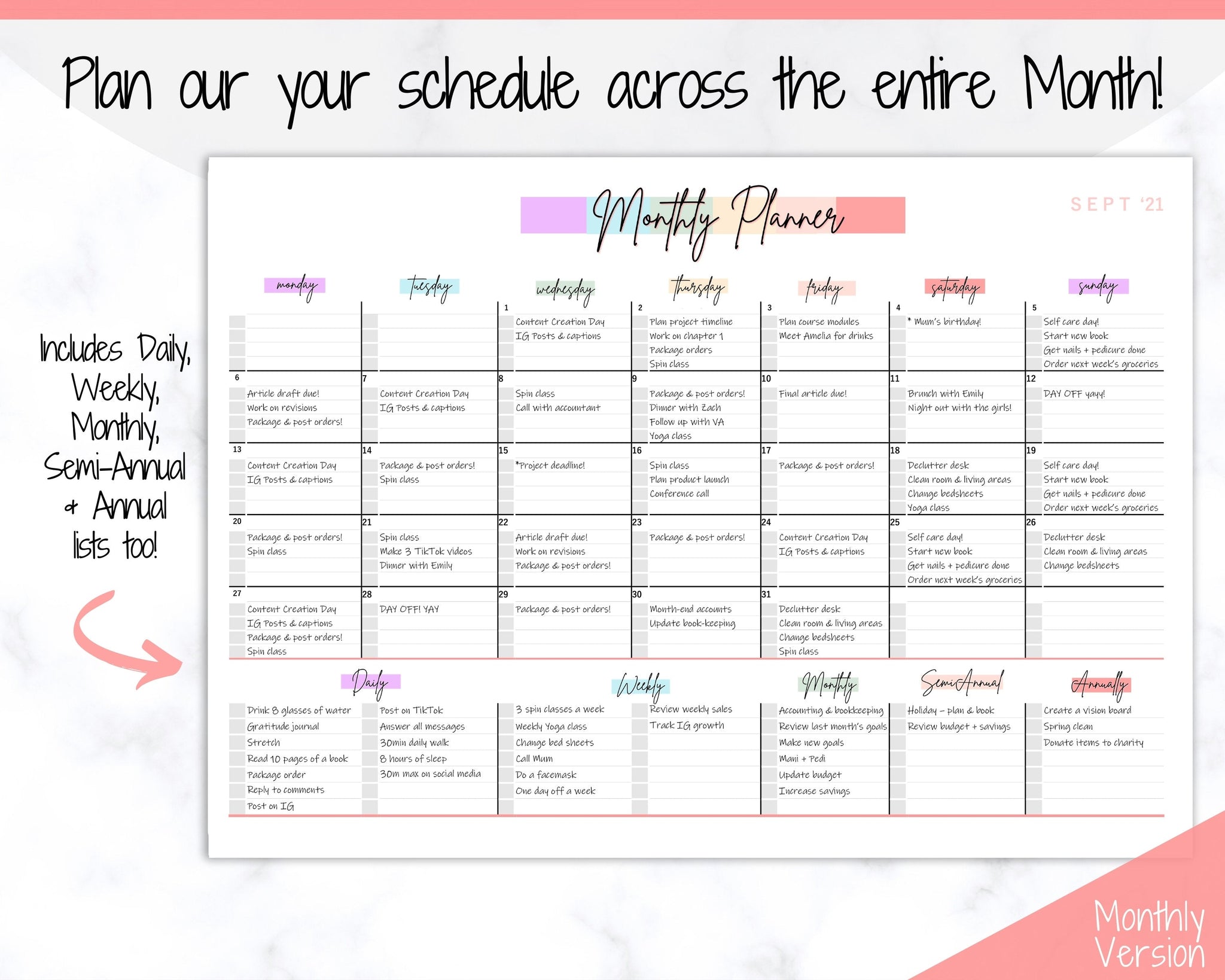 Colorful Weekly & Monthly Planner Template, To Do List Printable