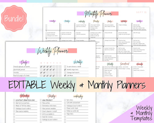 Colorful Weekly & Monthly Planners, EDITABLE Weekly Planner Printable, To Do List, Teacher, Student, Business Template, Schedule, Checklist