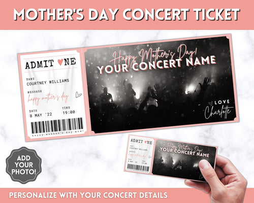 Concert Ticket Template, EDITABLE MOTHERS DAY Surprise Getaway gift, Invitation, Last minute Mom Mother's, Diy Musical Event, Theatre Show | Style 1