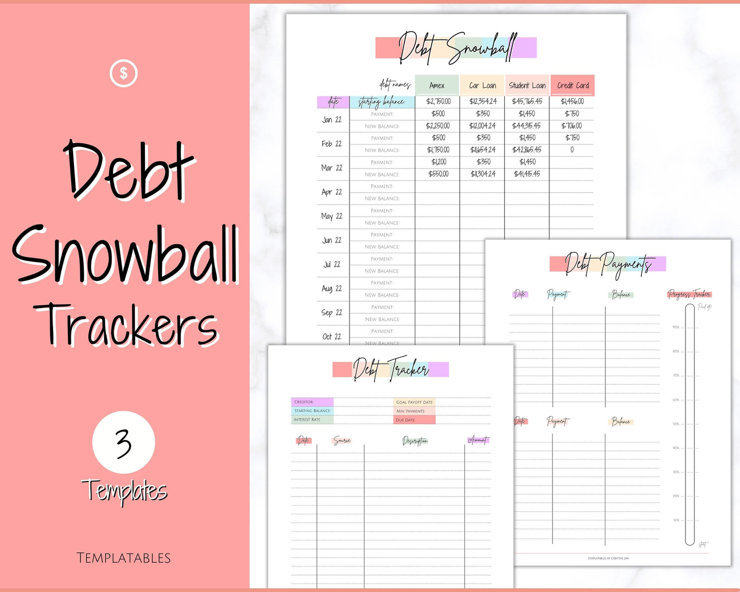 DEBT SNOWBALL TRACKERS, Debt Payoff, Debt Tracker Printable, Dave Ramsey, Debt Payments, Finance Planner, Budget Planner, Debt Free Progress | Pastel Rainbow