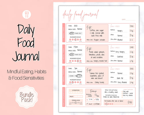 Daily Food Diary Printable, Colorful Food Journal, Diet & Nutrition Log, Weekly Meal Planner, Meal Tracker, Menu Plan, Prep! Fitness, Health | Pink