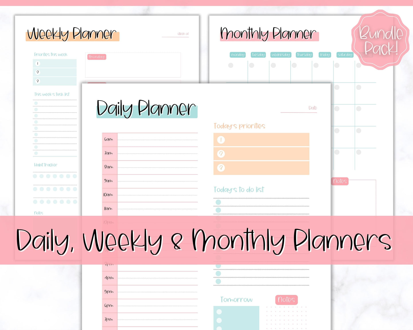 Daily Planner, Weekly Planner, Monthly Planner Printable PACK! Digital Planner Insert Sets, To do List, Productivity, Work Day, Hourly, A4 A5 Letter, iPad, Goodnotes - Colorful Sky