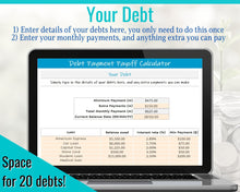 Load image into Gallery viewer, Dave Ramsey Debt Snowball Calculator, 20 debts, Excel Budget Planner spreadsheet, Financial Planner, Debt Payoff Automatic Tracker Template | Blue
