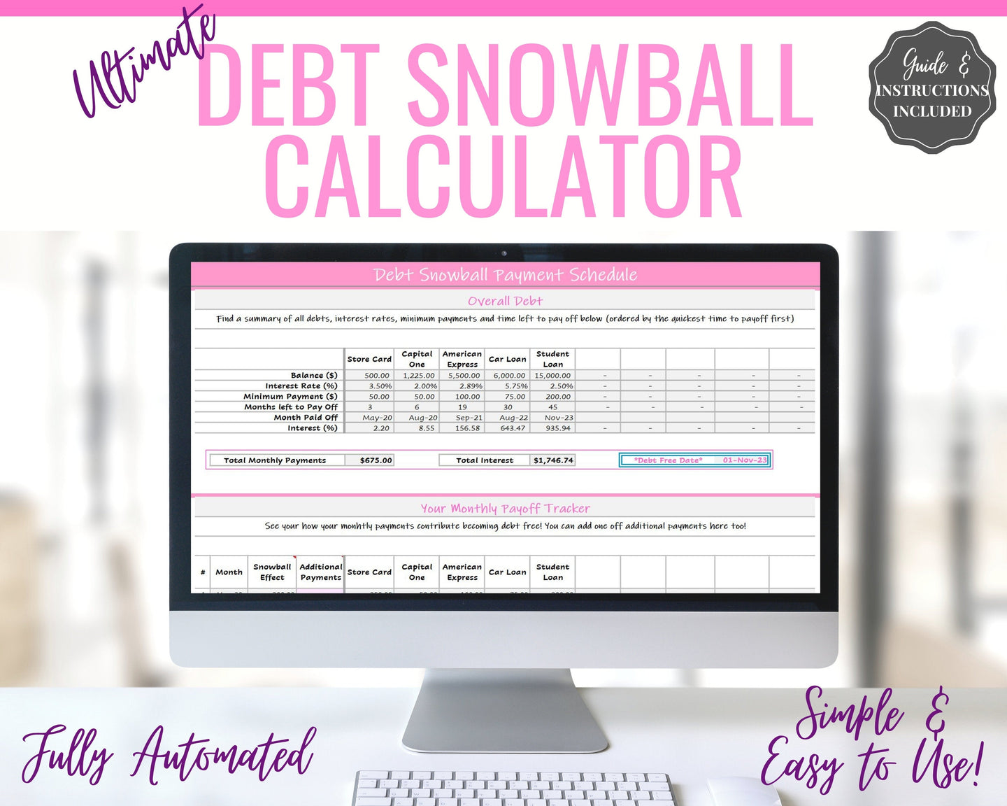 Dave Ramsey Debt Snowball Calculator, 20 debts, Excel Budget Planner spreadsheet, Financial Planner, Debt Payoff Automatic Tracker Template | Pink
