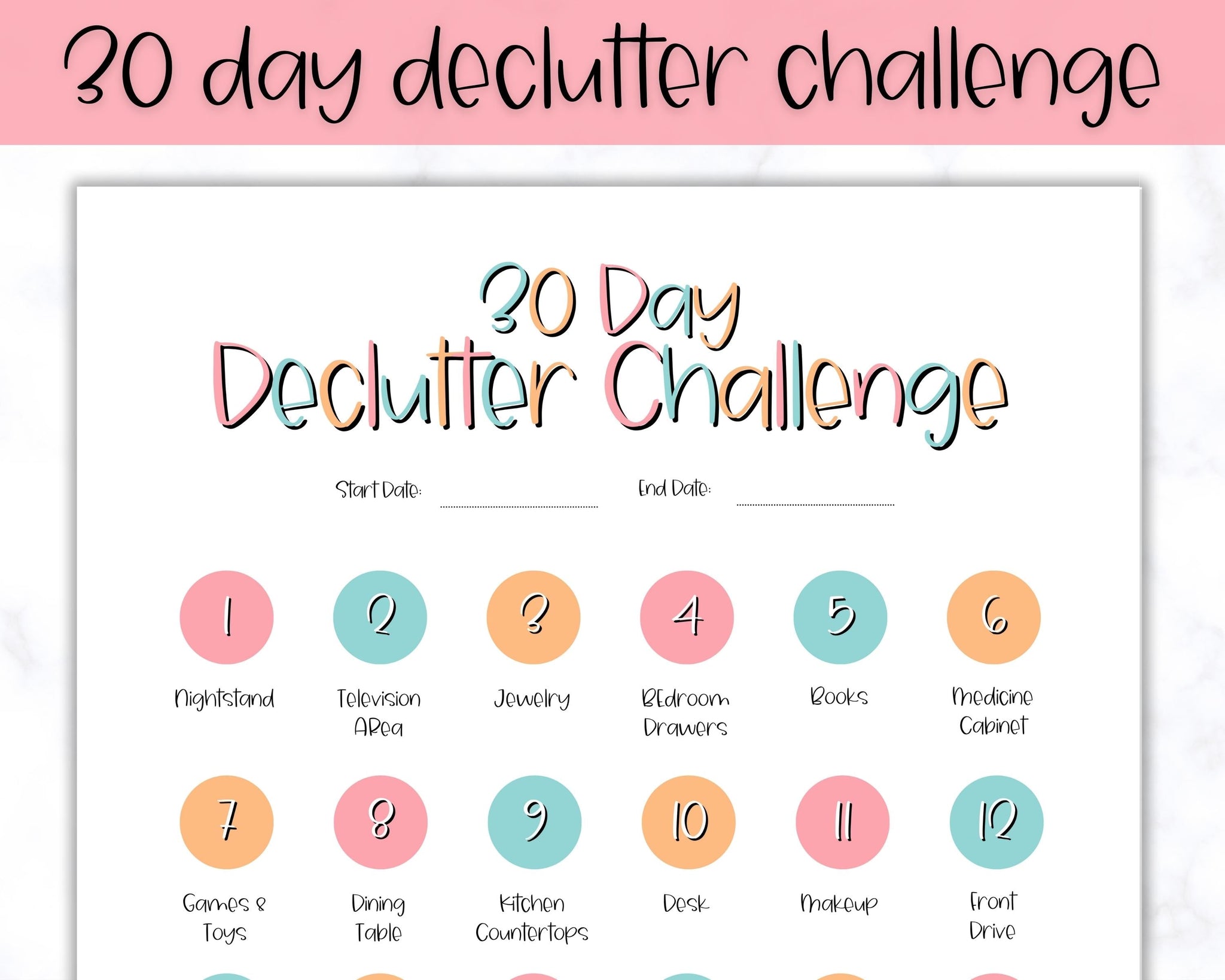 Declutter Checklist | 30 Day Cleaning Challenge Printable - Colorful