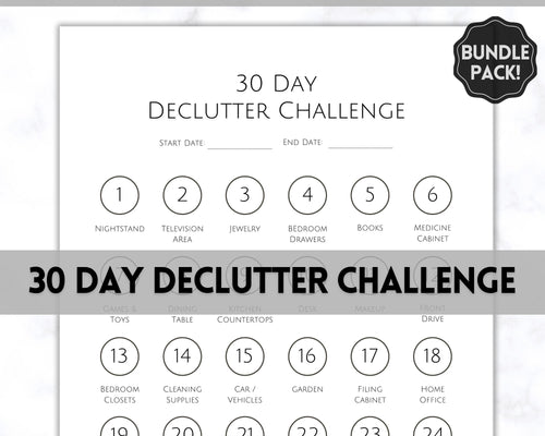 Declutter Checklist, 30 Day Challenge Printable, Cleaning Planner Schedule, De clutter your home, Spring Clean, Home Cleaning, Organization - Mono