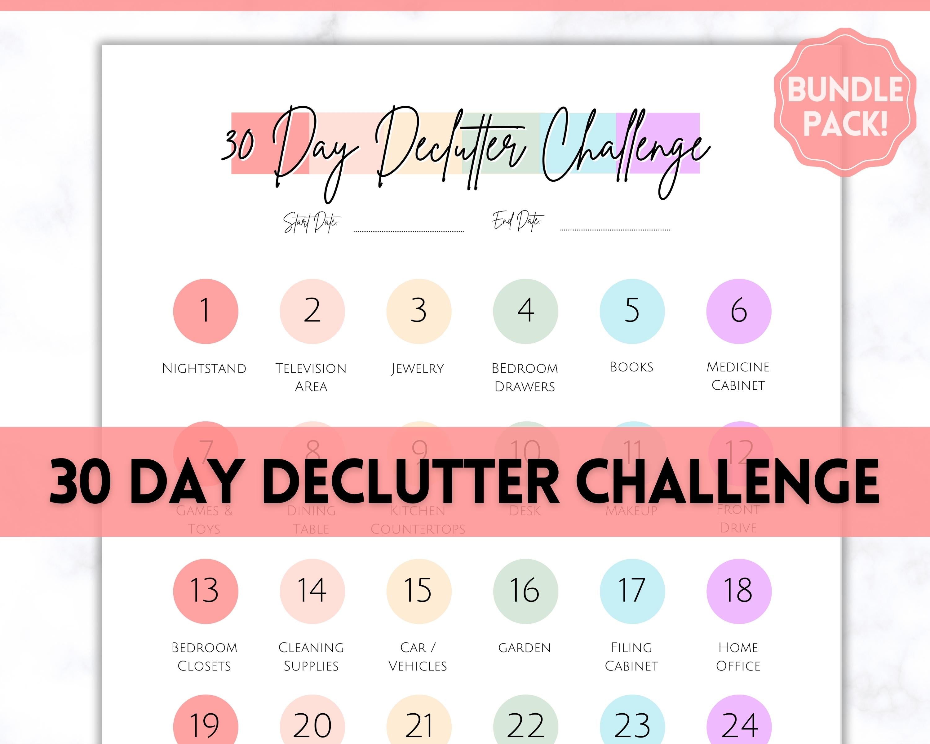 Declutter Checklist | 30 Day Cleaning Challenge Printable - Pastel